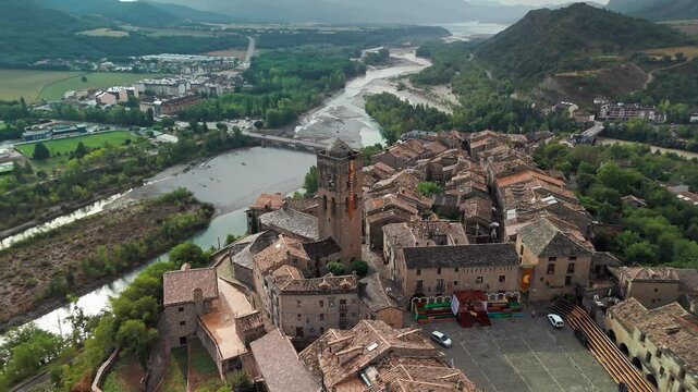 Aerial view of the old town of Ainsa in Huesca province, Spain