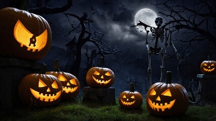 spooky halloween night wallpaper in the graveyard . digital illustrations.

