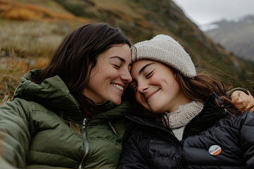 Fototapeta premium mother and daughter sharing laughter while resting on mountain trail