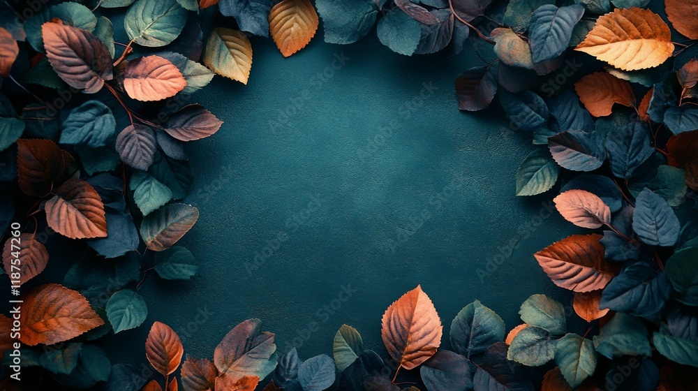 Poster autumnal leaves frame a deep teal backdrop creating a moody and inviting aesthetic with fall colored