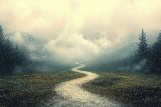 serene landscape crossroads impressionist style soft brush strokes pastel colors morning fog pathway