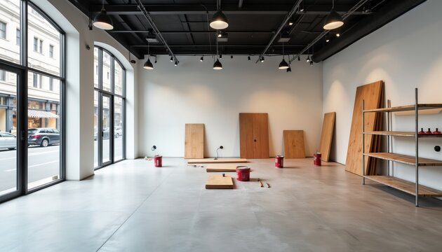 Retail space undergoing renovation. Wooden panels, construction materials scattered throughout floor. New store preparing for opening. Interior design process underway. Work in progress with focus on