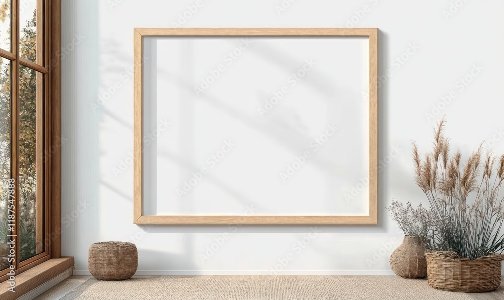 Poster minimalist empty picture frame mockup with warm lighting and white background for horizontal artwork
