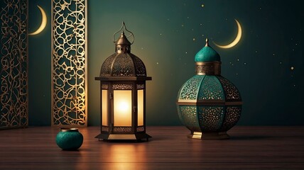 Ramadan Kareem greeting. Islamic lantern on night sky with moon and stars. Breaking of holy fast day. Muslim holiday.
