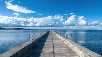   A pier extending into the ocean, framed by a blue sky with scattered white clouds and puffy whites