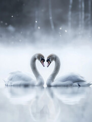 Fototapeta premium A pair of swans in love, black and white, forming a heart shape