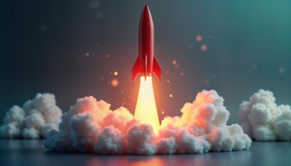 Red rocket launches. Successful startup concept illustration. Impressive metal rocket blasts off into space. Bright flames, white clouds of smoke fill space around rocket. Isolated concept design.
