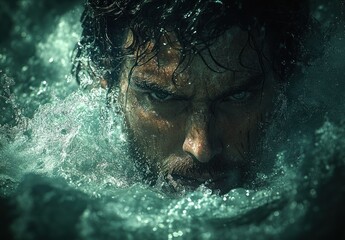 Heroic Figure Emerges from Ocean Waves Hyper-Realistic Illustration Dramatic Lighting Power Movement