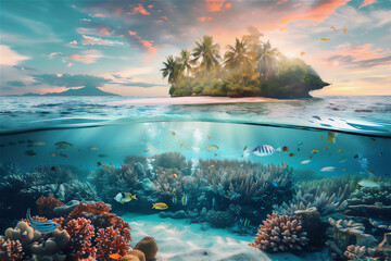 Tropical island with half under water view, version 24 