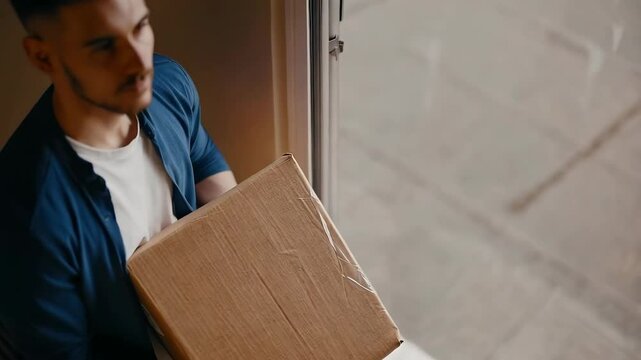 Young courier delivering parcel at doorstep with focused expression