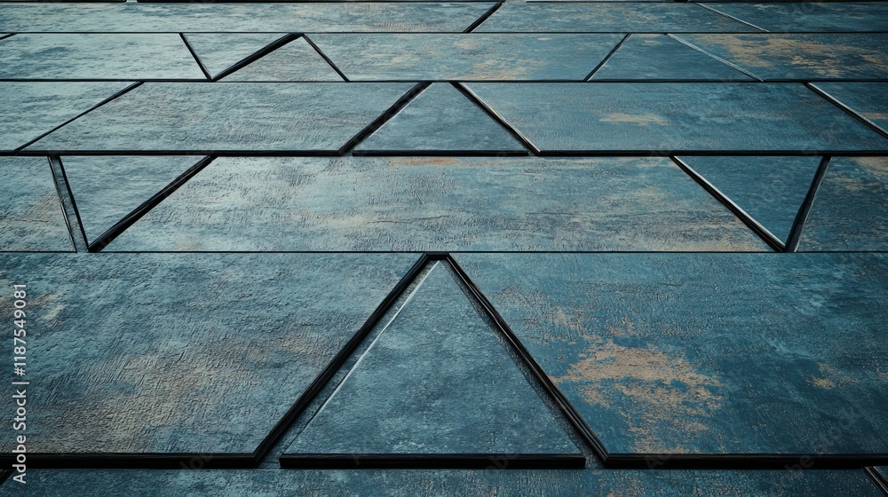 Poster a futuristic wall designed with 3d tiles arranged in a triangular shape, set against a black backgro