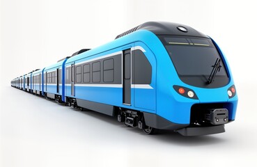 Fototapeta premium Modern blue commuter train shown on transparent background. Commuter rail transit mode isolated. Fast efficient train system with innovative tech design. Empty train carriages seen. City