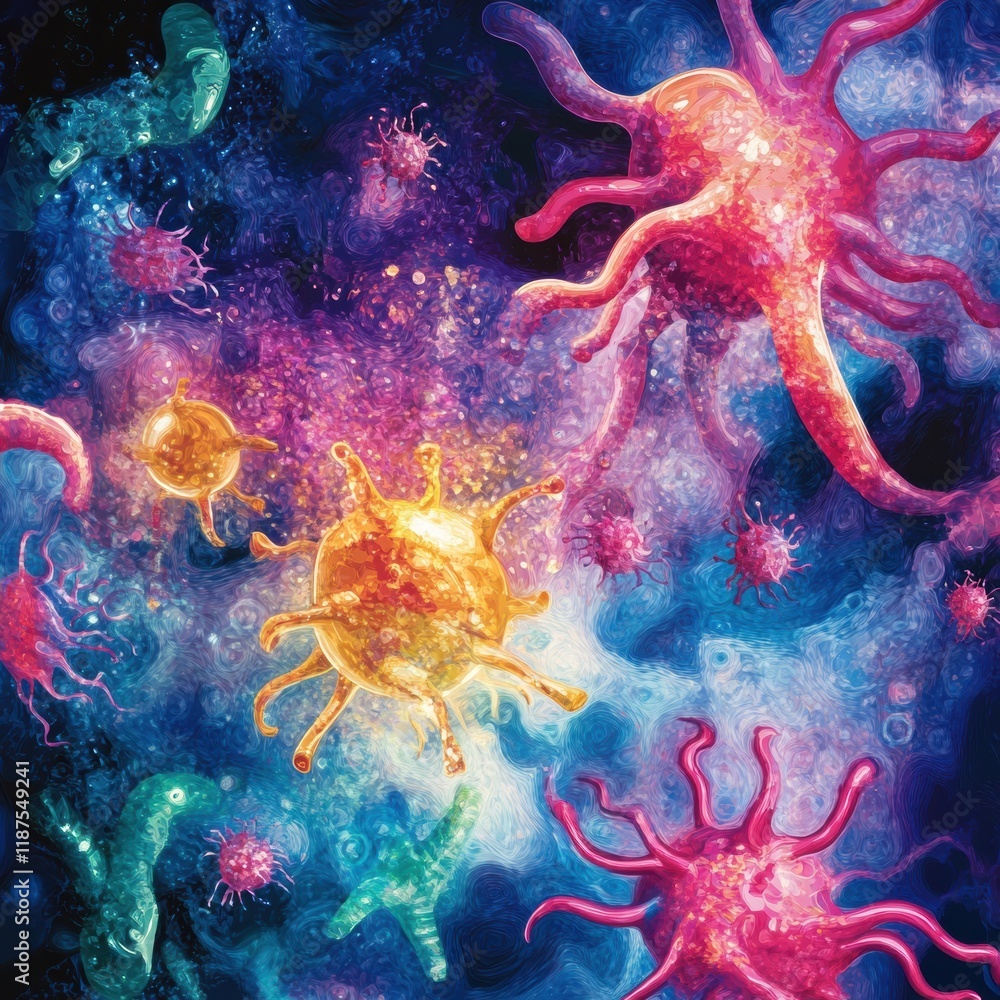 Fototapete Swirling bacteria and microbes create a vibrant dance in liquid environments full of color and motion. Generative AI
