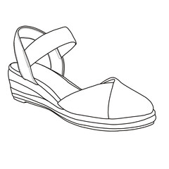 Women's Closed Toe Espadrilles Wedges with Strap Mid Low Heel line art, Technical sketch hand drawing outline vector doodle top and bottom view isolated on white background for coloring page