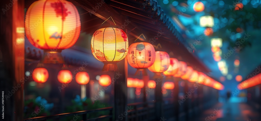 Poster illuminated lanterns illuminate a walkway at night, creating a warm and inviting atmosphere.
