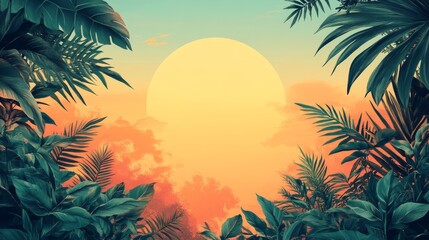 Naklejka premium Tropical Sunset Over Lush Foliage A Paradise View Framed by Greenery with a Vibrant Golden Sun Setting in the Horizon