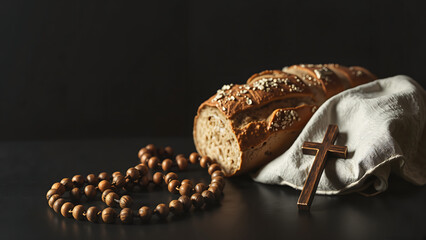 Obraz premium Bread with rosary and wooden cross on dark background