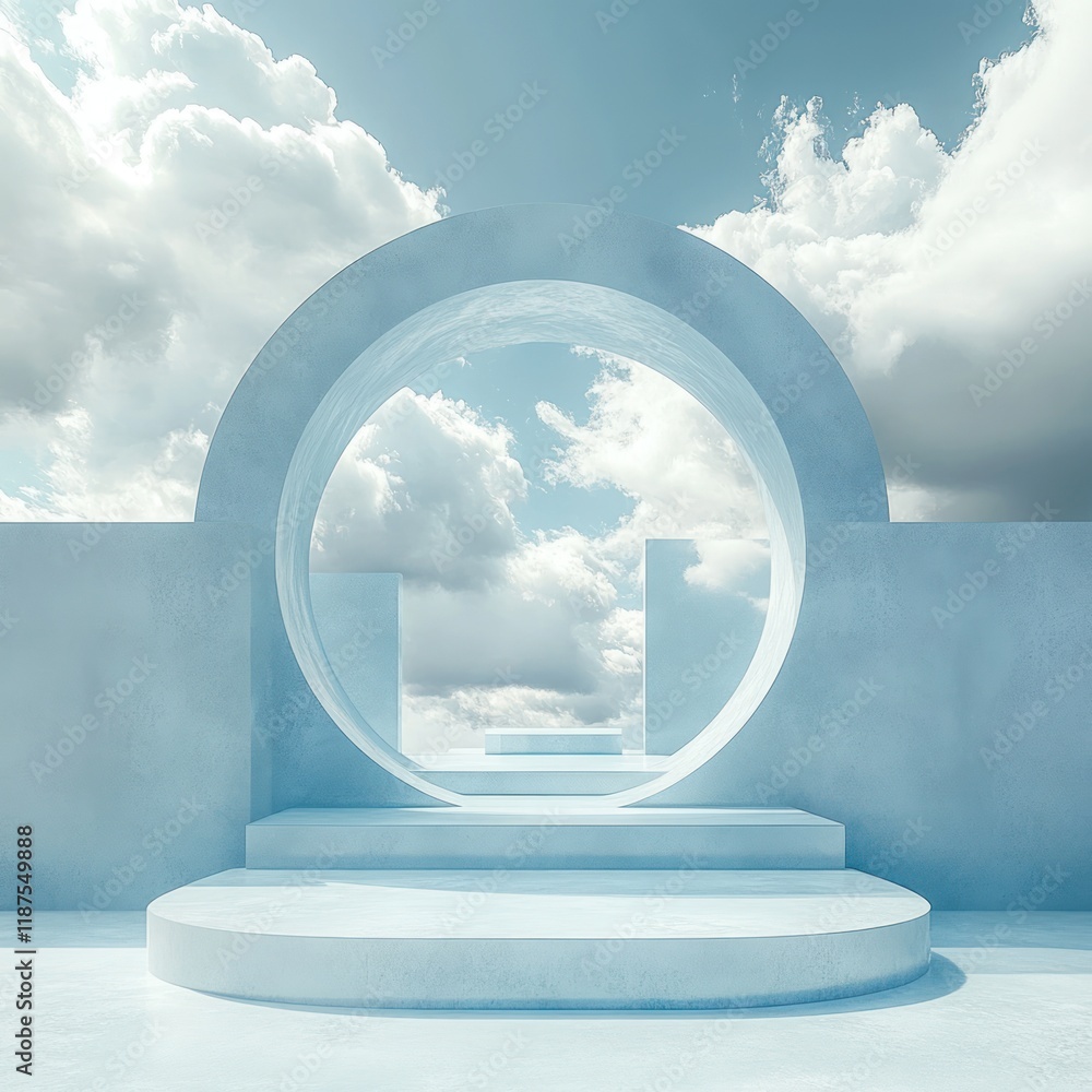 Poster minimalist product presentation platform with circular and rectangular shapes and ambient lighting