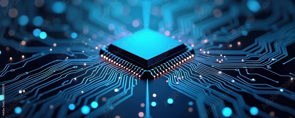 Poster Close-up view of intricate circuit board with processor chip. Complex network of electrical paths, components. Advanced technology design. Modern electronic components. Integrated circuit board