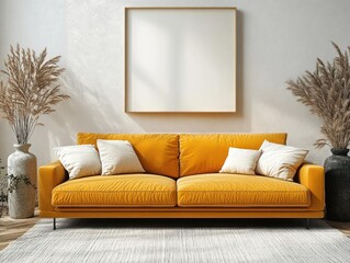 Cozy Living Room with Yellow Couch Scandinavian Design Poster Mockup