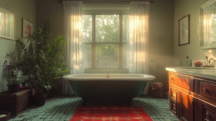 Sunlight illuminating retro bathroom with vintage bathtub and houseplant