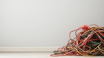 Tangled wires and single screw on light background for industrial design