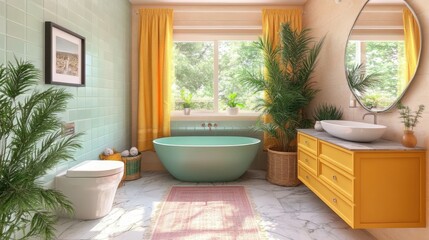 Light blue bathtub and yellow furniture in a seventies style bathroom