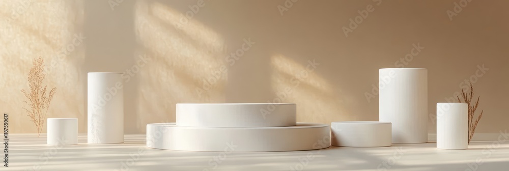 Poster minimalistic product display with geometric shapes on soft background