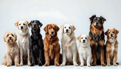 A lineup of 10 well-groomed dogs of different breeds, arranged by size, showcasing their unique features.