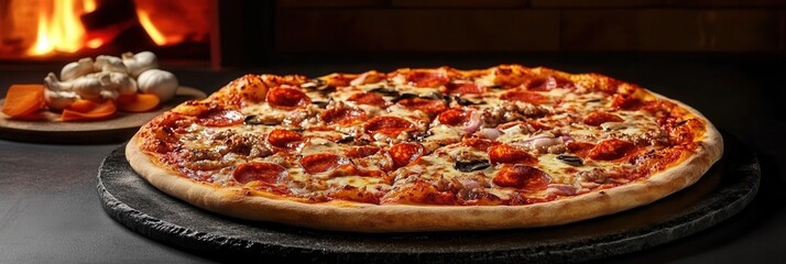 Close up front view of fresh hot pizza on black stone luxury table, junk food panorama.