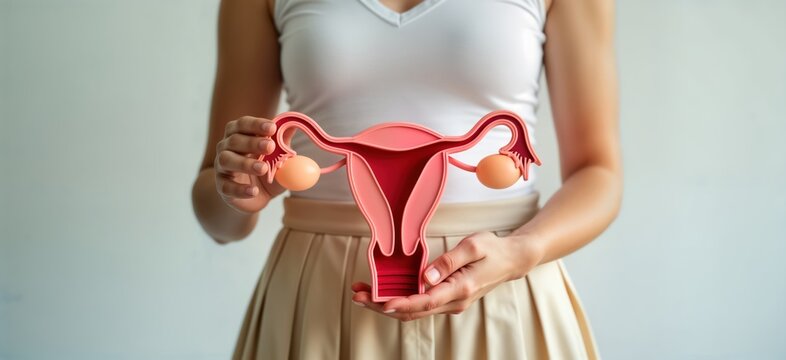 Woman holds uterus, ovaries model. Medical model displays female reproductive system. Focus on health, education. Image shows anatomy details. Ideal for gynecology reproductive health resources.