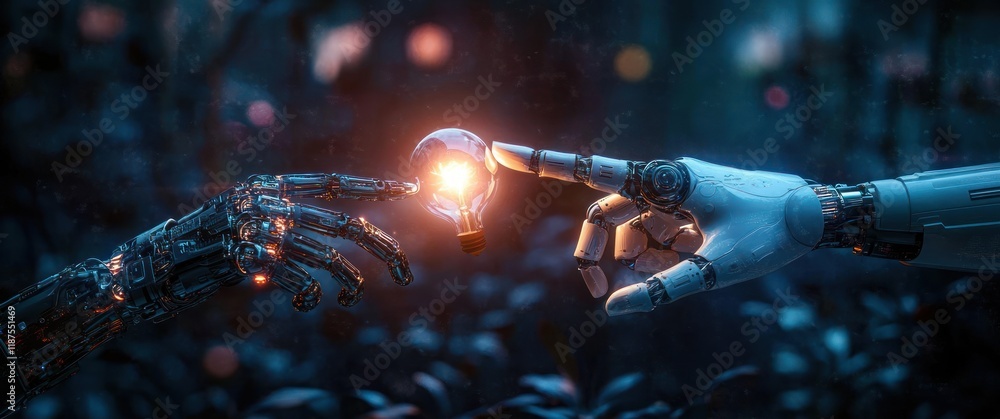 Aufkleber human robot connection in cyberpunk technology future with light bulb innovation and machine learnin