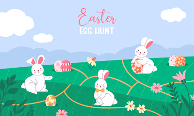 Easter Egg Hunt. Vector banner with cute bunnies on a green field. Cute child vector background hand drawn backgrounds