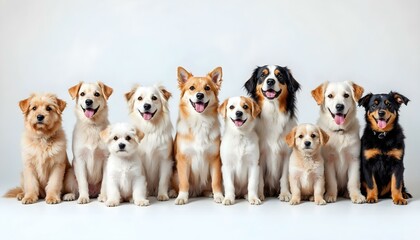 A lineup of 10 well-groomed dogs of different breeds, arranged by size, showcasing their unique features.