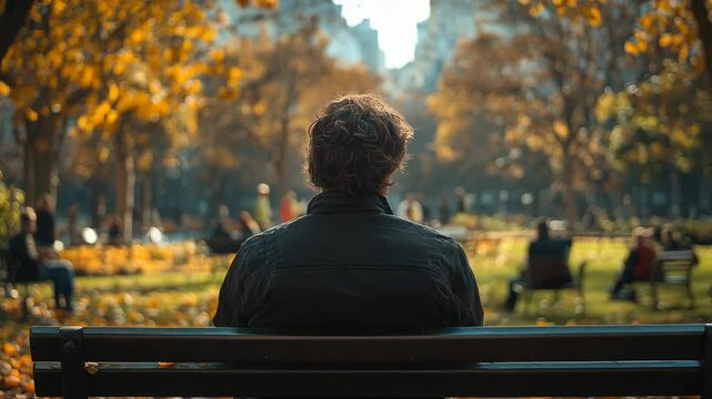 Lonely man sits on bench facing away in autumn park, observing passersby, playing children, people exercising. Back view captures melancholic atmosphere. Concept of loneliness and social isolation