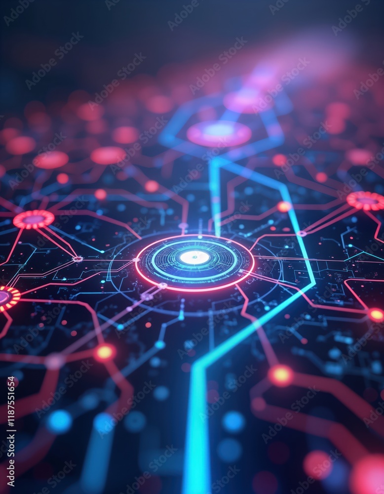 Aufkleber Futuristic tech illustration shows interconnected network. Digital grid displays innovative tech processes. Modern networking, big data displayed as hyperrealistic illustration. Strategic tech