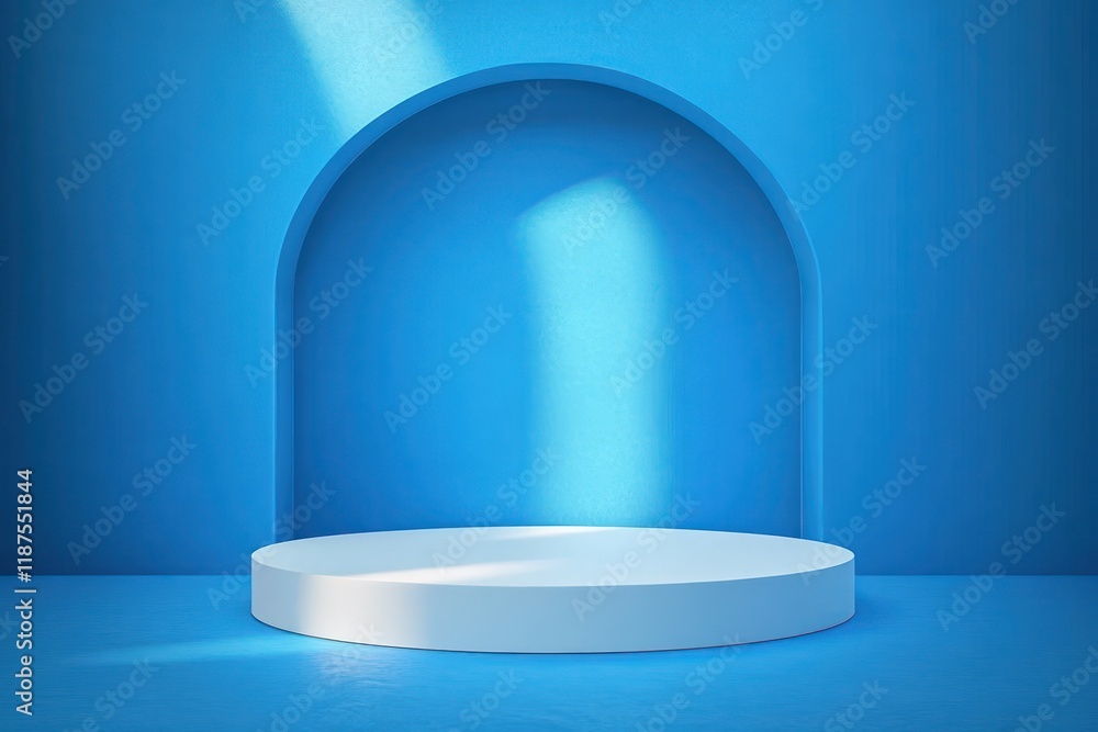 Poster minimalist white circular platform on blue background for product display