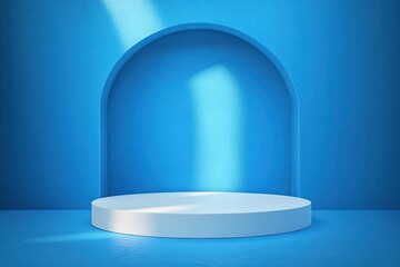 Minimalist White Circular Platform on Blue Background for Product Display
