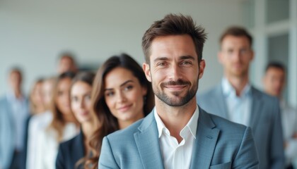 Obraz premium A diverse group of professionals stands in a line, exuding confidence and camaraderie. The foreground features a smiling man in a light blue suit, with a woman behind him radiating warmth, showcasing
