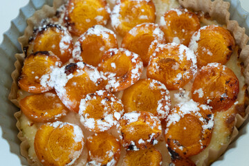 Apricot and cottage cheese pie or shortbread crust cake in grey baking silicon pan on light background, summer fruit dessert. Soft focus