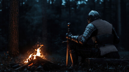 rear view on medieval knight with sword, sitting near bonfire in dark fantasy mystical night forest