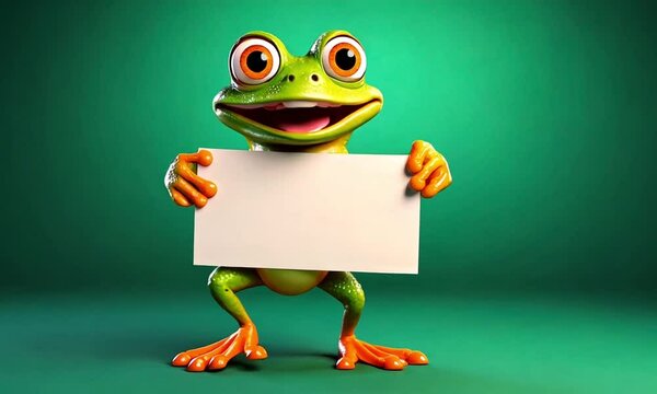 Cute Cartoon Frog Holding a Sign and  Dancing on a Green Background