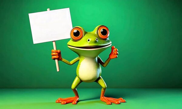 Cute Cartoon Frog Holding a Sign and  Dancing on a Green Background