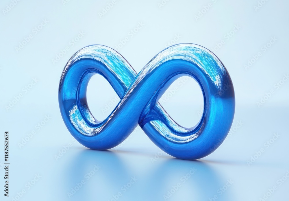 Poster glossy blue infinity symbol minimalistic design with smooth reflective surface in soft lighting