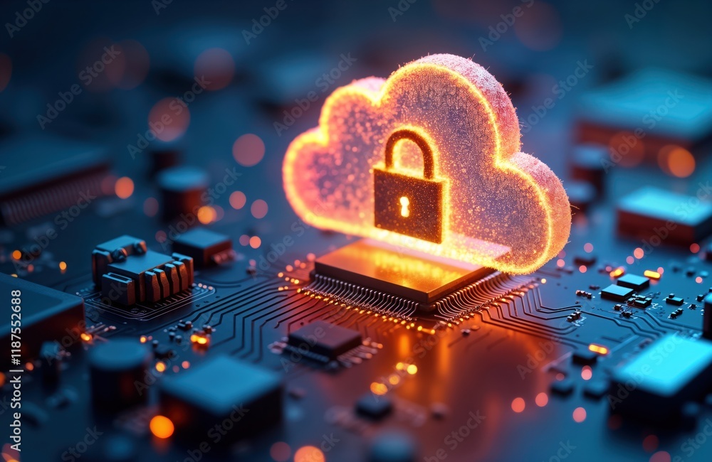 Aufkleber Glowing cloud with padlock icon floats above tech motherboard. Cloud computing security concept. Futuristic illustration represents safe digital data storage. Safe data transfer on online network