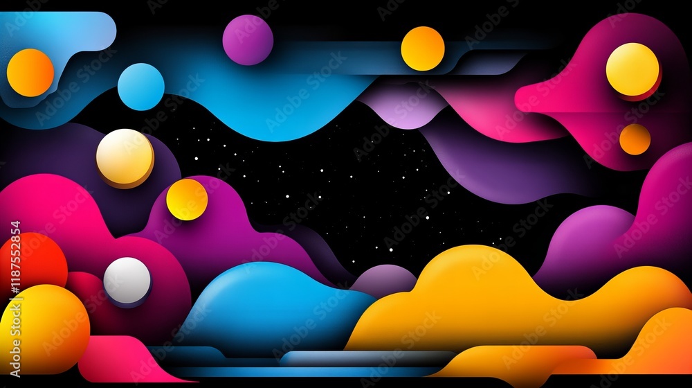 Poster abstract colorful shapes on a dark background. vivid, playful design with 3d effect.