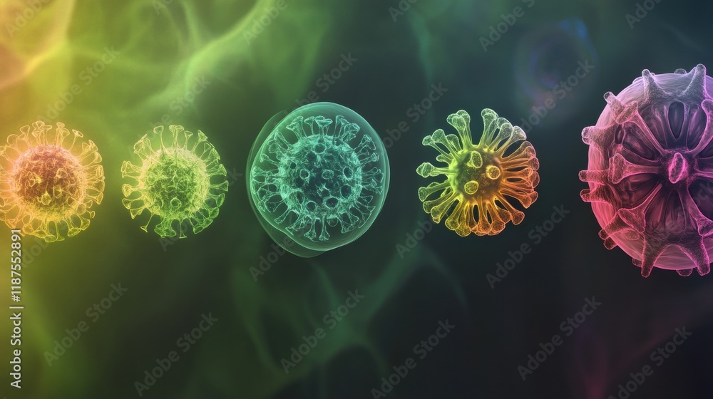 Poster progression of virus forms showing increasing complexity and structure in vibrant colors. generative
