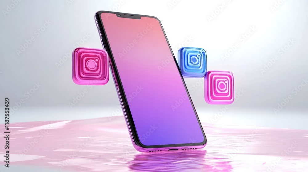 Poster floating smartphone with blank screen and vibrant logos in minimalistic space