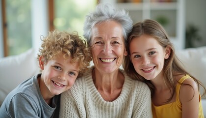 Fototapeta premium A cheerful grandmother embraces her two grandchildren, a boy and a girl, radiating happiness in a cozy living room. Their bright smiles and close-knit bond create a heartwarming scene of family love