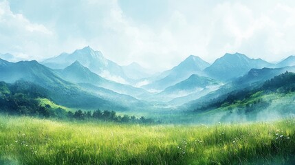 Obraz premium A Serene Valley View with Rolling Mountains and Misty Layers Under a Light Blue Sky and Lush Green Grasses